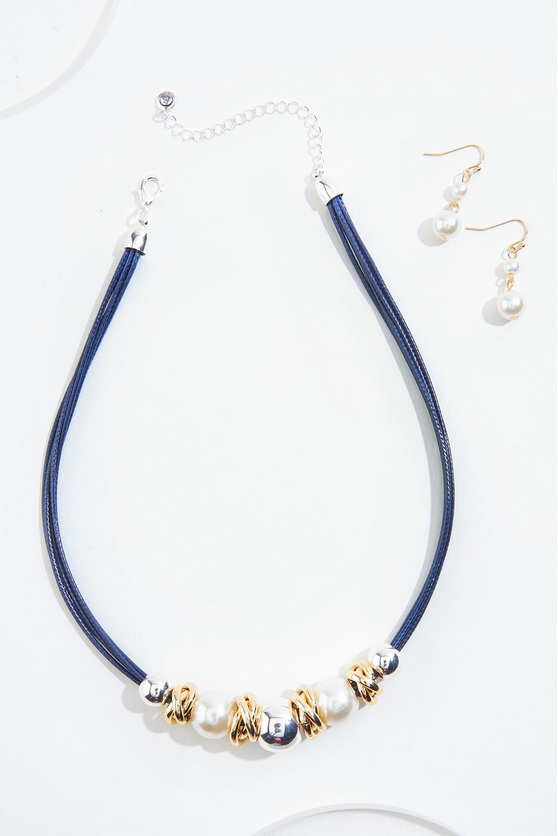 Cato Fashions Navy Corded Pearl Gold Ring Necklace Set