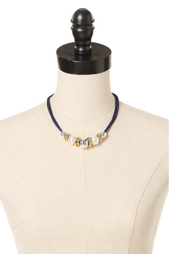 Cato Fashions Navy Corded Pearl Gold Ring Necklace Set