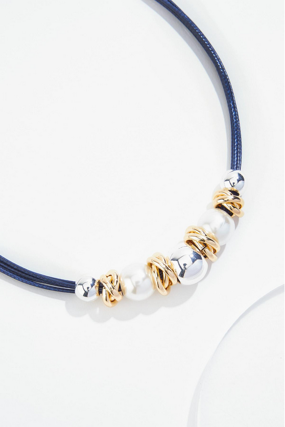 Cato Fashions Navy Corded Pearl Gold Ring Necklace Set