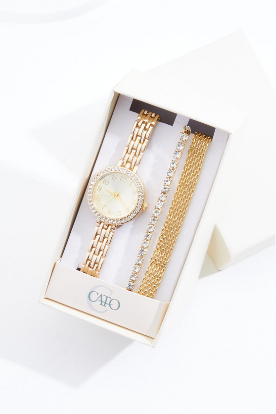 Cato Fashions Gold Rhinestone Round Watch Boxed Jewelry Set