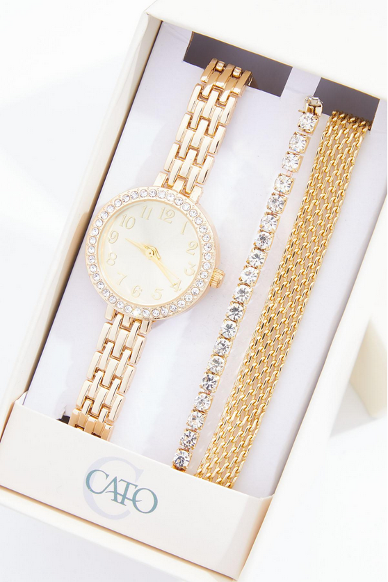 Cato Fashions Gold Rhinestone Round Watch Boxed Jewelry Set
