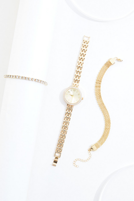 Cato Fashions Gold Rhinestone Round Watch Boxed Jewelry Set
