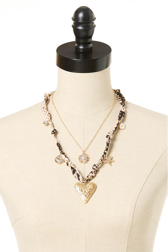 Cato Fashions Gold Heart Fabric Chain Layered Charm Necklace