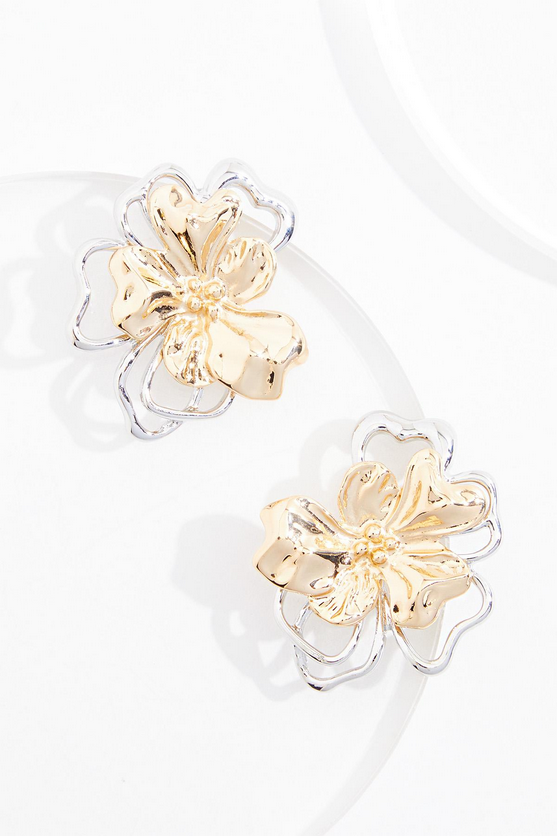 Cato Fashions Two Tone Metal Flower Cut Out Button Earrings