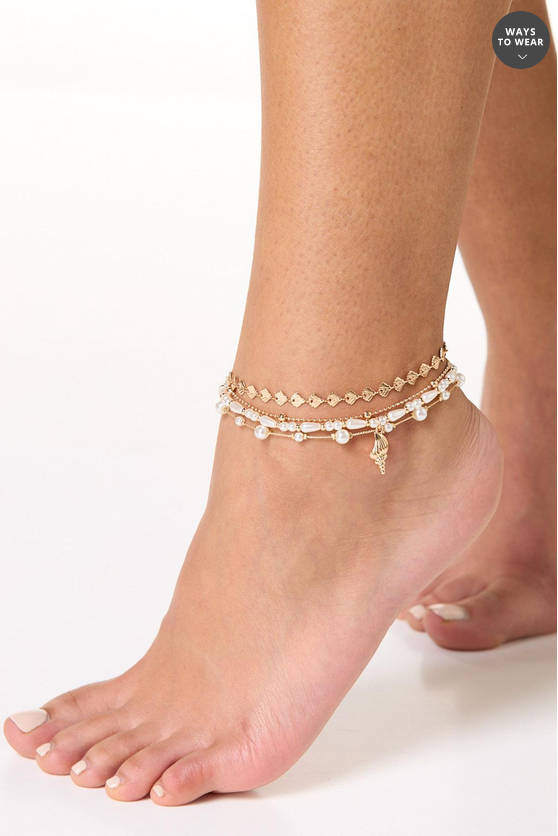 Cato Fashions Gold Seashell Pearl Layered Anklet