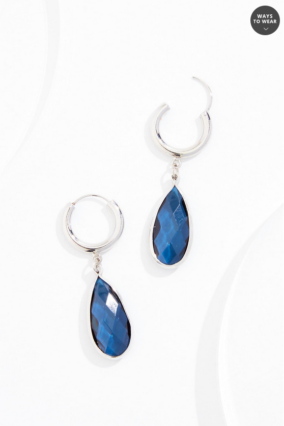 Cato Fashions Navy Tear Charm Silver Hoop Earrings