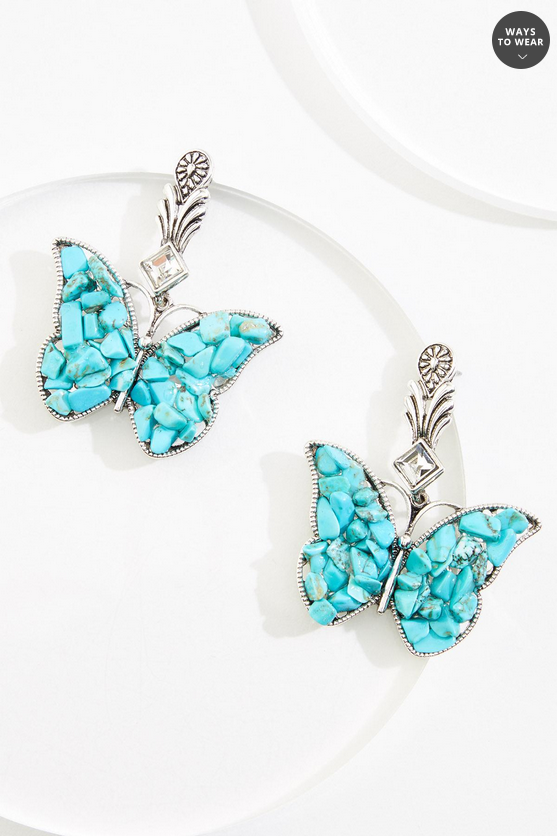 Cato Fashions Semi- Precious Turquoise Embellished Butterfly Earrings