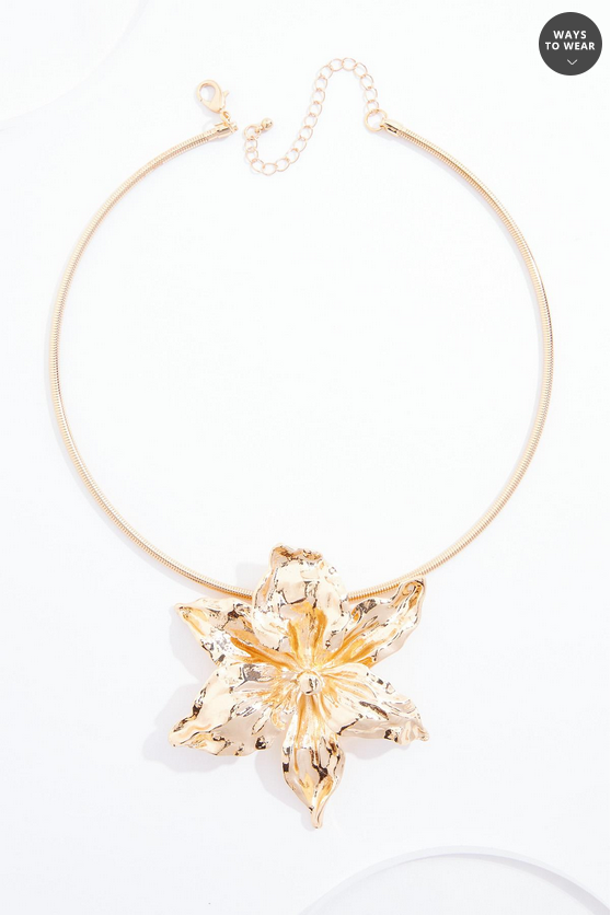 Cato Fashions Hammered Gold Statement Flower Wire Necklace