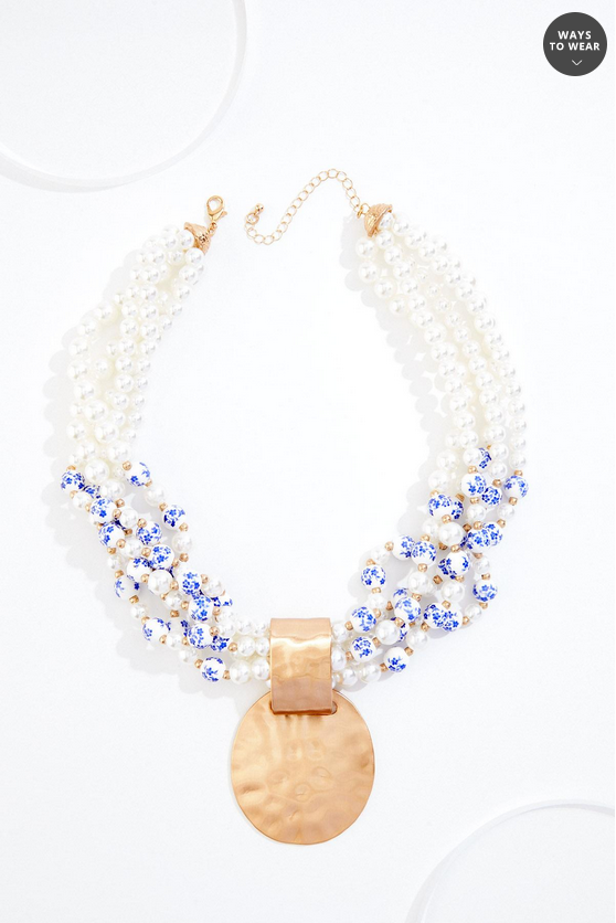Cato Fashions Pearl Ceramic Beaded Gold Pendant Statement Necklace