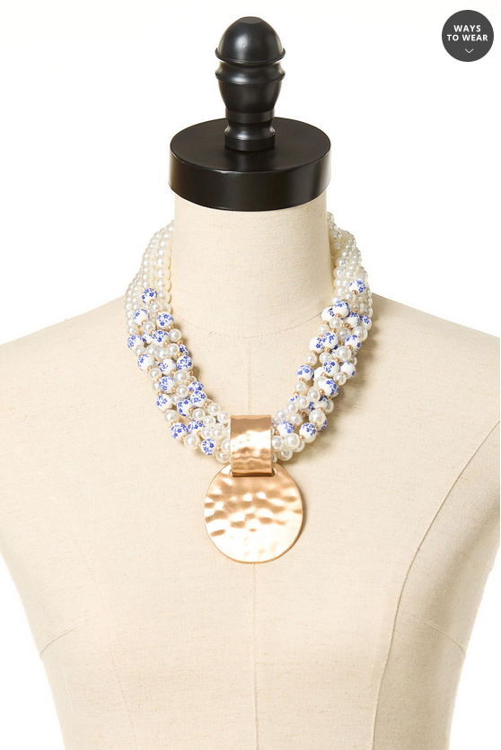 Cato Fashions Pearl Ceramic Beaded Gold Pendant Statement Necklace