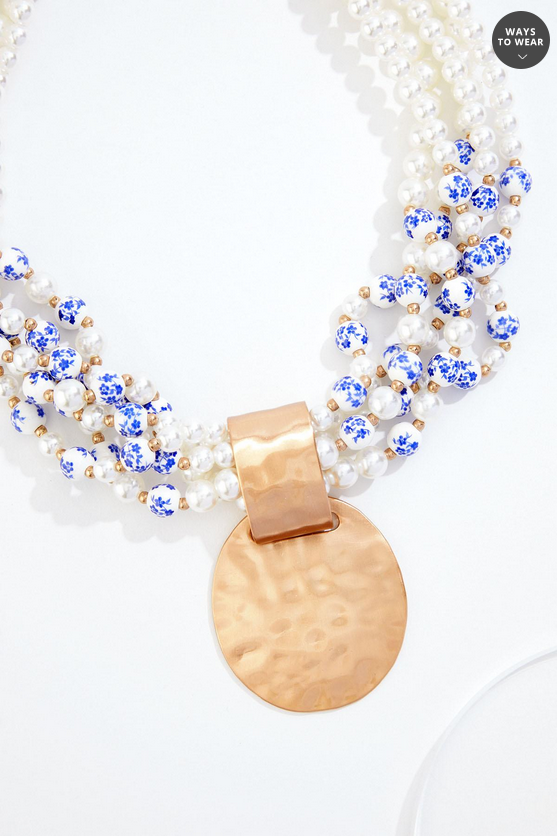 Cato Fashions Pearl Ceramic Beaded Gold Pendant Statement Necklace
