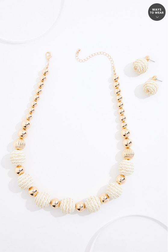 Cato Fashions Raffia Gold Ball Beaded Necklace Set