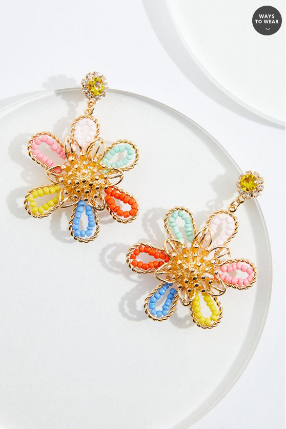 Cato Fashions Multicolor Beaded Floral Outline Earrings