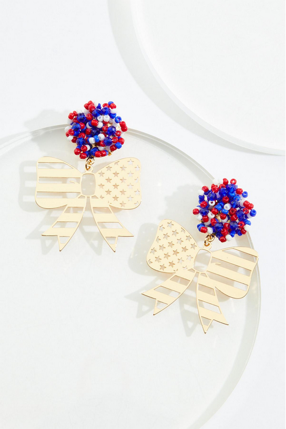 Cato Fashions Gold American Flag Bow Dangly Earrings