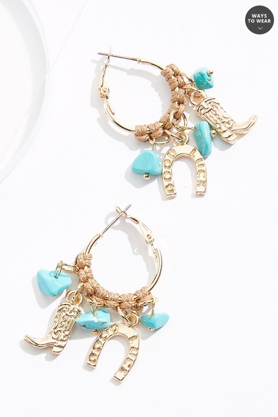 Cato Fashions Semi- Precious Gold Turquoise Charm Hoop Earrings