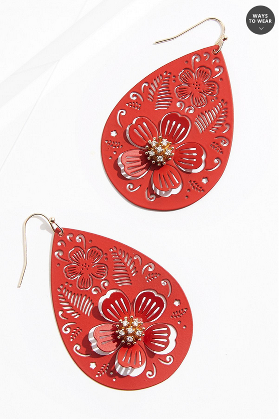 Cato Fashions Red Rubber Floral Cut Out Tear Earrings