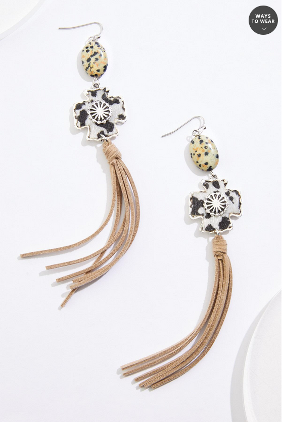 Cato Fashions Semi- Precious Cow Print Cross Tassel Earrings