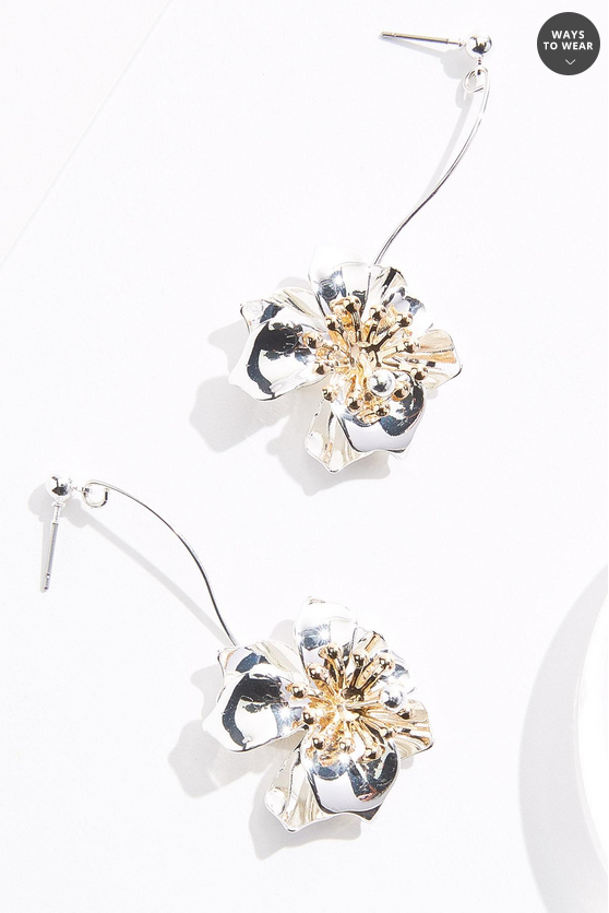 Cato Fashions Delicate Two Tone Metal Flower Dangly Earrings