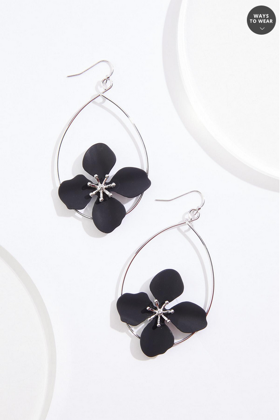 Cato Fashions Black Rubber Flower Open Tear Earrings