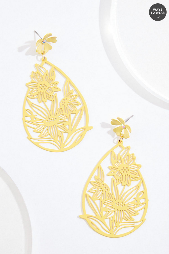 Cato Fashions Yellow Laser Cut Floral Tear Earrings