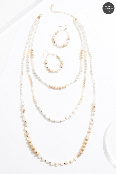 Cato Fashions Wood Glass Layered Long Necklace Set