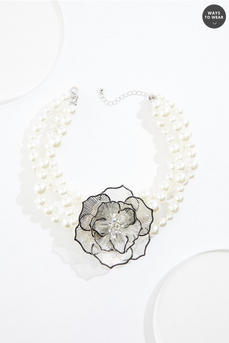 Cato Fashions Floral Cut Out Pendant Layered Pearl Necklace