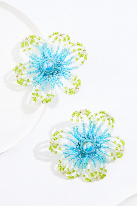Cato Fashions Green Blue Beaded Flower Button Earrings