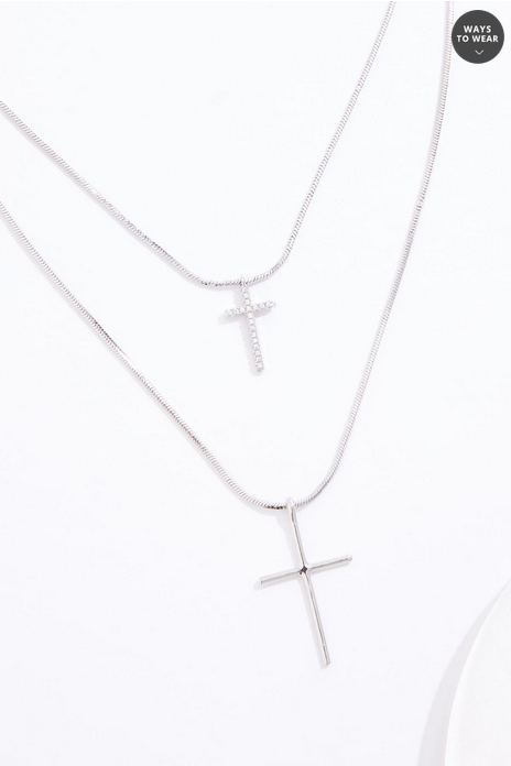 Cato Fashions Delicate Cubic Zirconia Cross Layered Necklace Set