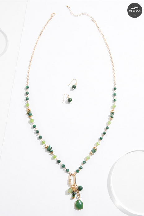 Cato Fashions Semi- Precious Green Beaded Long Necklace Set