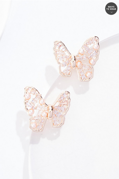 Cato Fashions Rose Gold Pearl Butterfly Button Earrings