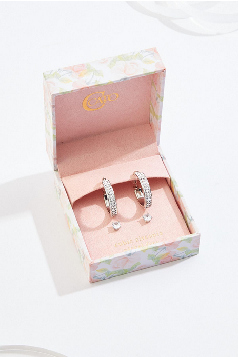 Cato Fashions Silver Cubic Zirconia Hoop And Ball Earring Box Set