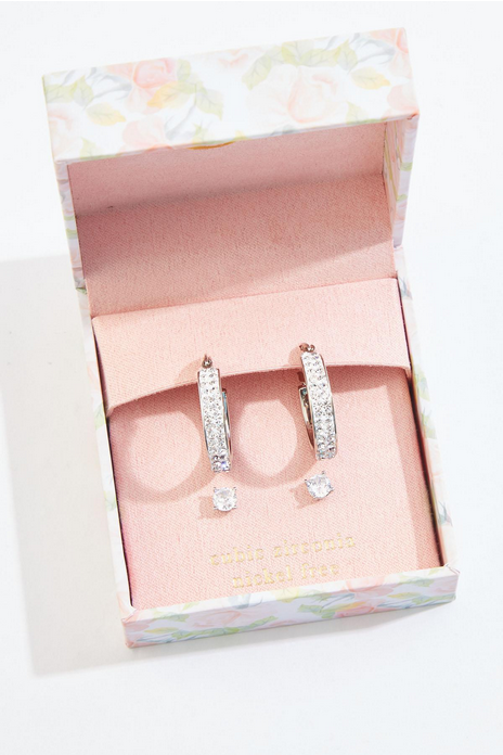 Cato Fashions Silver Cubic Zirconia Hoop And Ball Earring Box Set