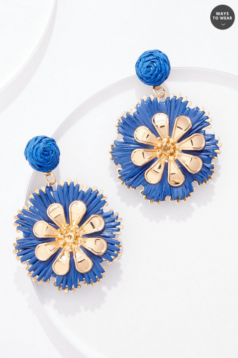 Cato Fashions Blue Raffia Gold Flower Earrings