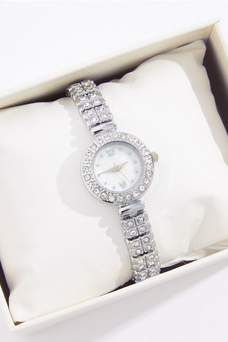 Cato Fashions Silver Rhinestone Embellished Watch Boxed Jewelry