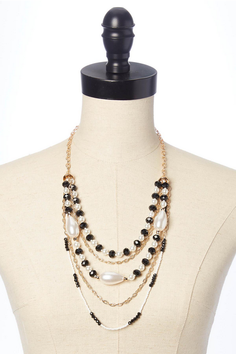 Cato Fashions Layered Black White Pearl Embellished Necklace