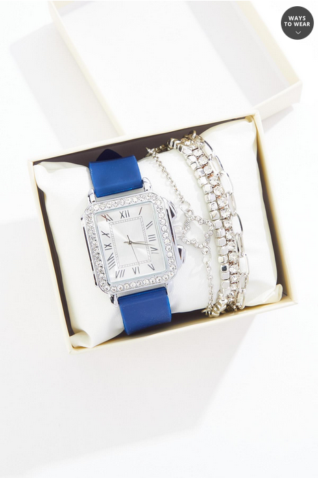 Cato Fashions Navy Silver Rhinestone Bracelet Watch Boxed Jewelry Set