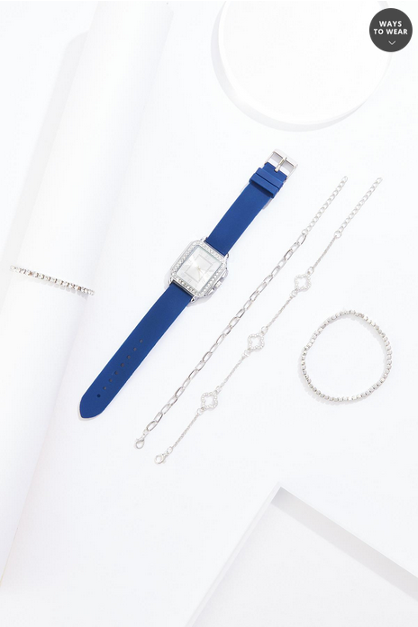 Cato Fashions Navy Silver Rhinestone Bracelet Watch Boxed Jewelry Set