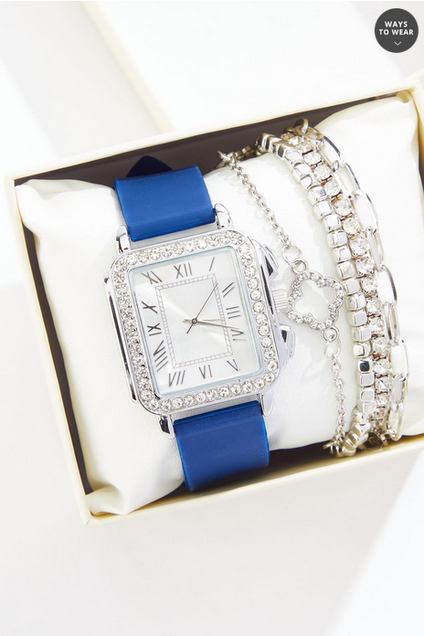 Cato Fashions Navy Silver Rhinestone Bracelet Watch Boxed Jewelry Set