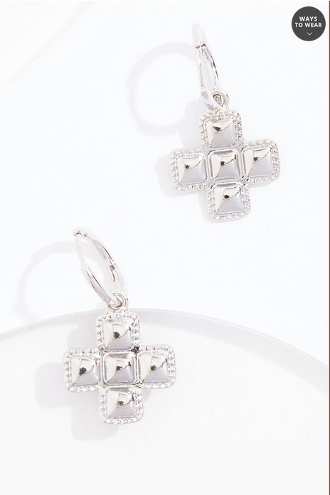Cato Fashions Silver Quilted Cross Charm Hoop Earrings