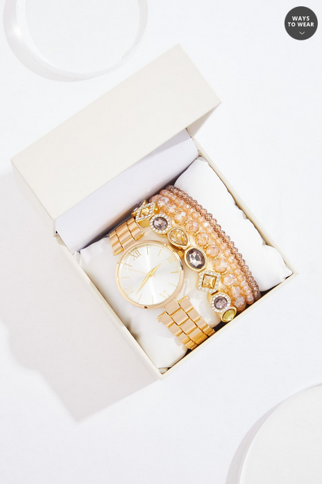 Cato Fashions Neutral Glass Bracelet Watch Boxed Jewelry Set