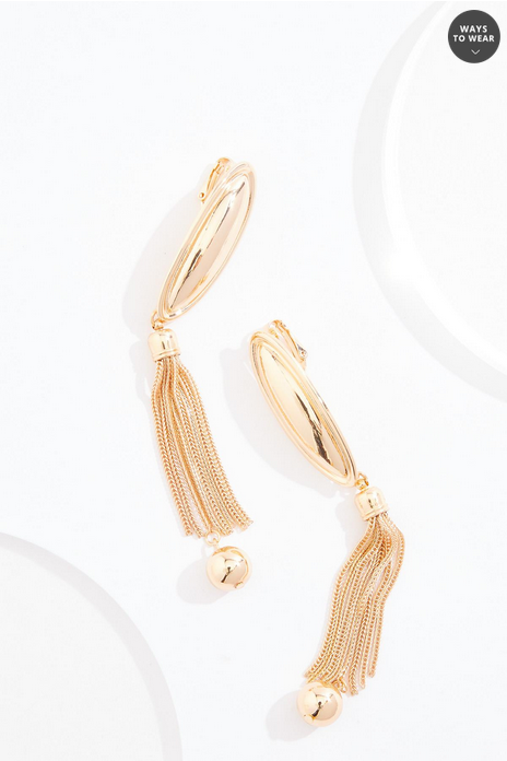 Cato Fashions Clip- On Oblong Gold Chain Tassel Ball Earrings