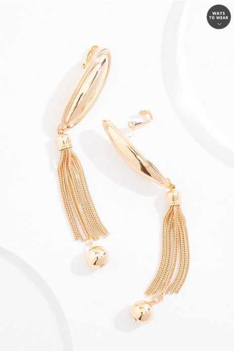 Cato Fashions Clip- On Oblong Gold Chain Tassel Ball Earrings