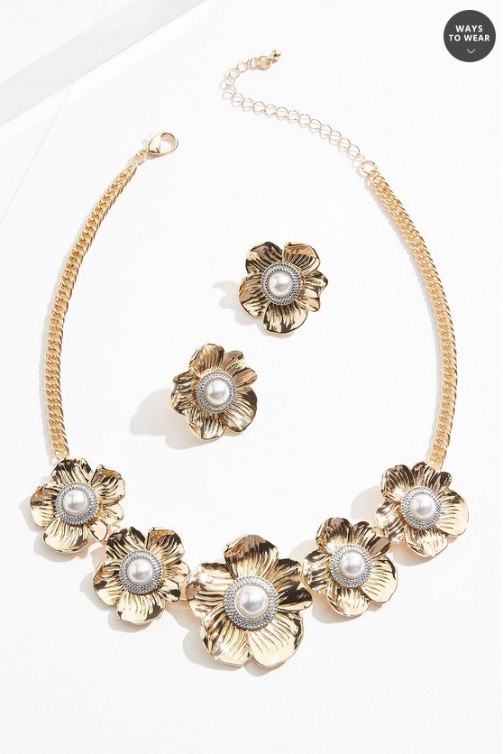 Cato Fashions Gold Pearl Flower Necklace Set
