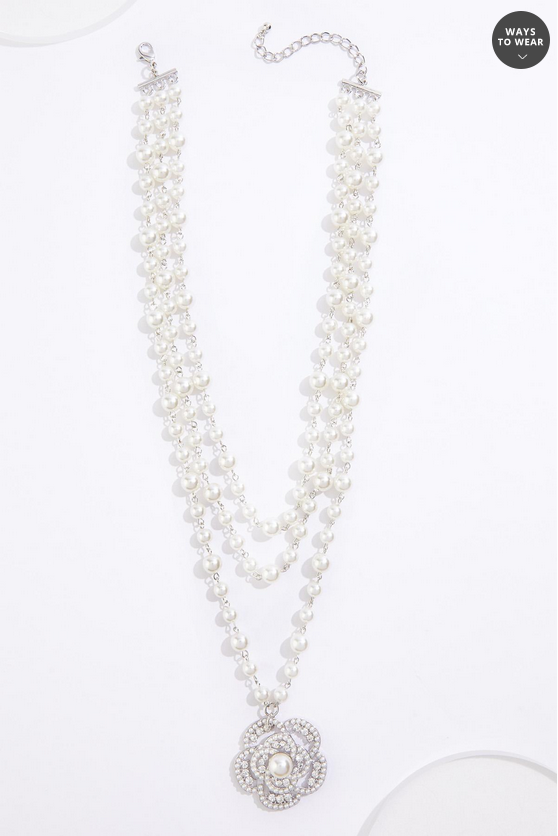 Cato Fashions Rhinestone Flower Pendant Layered Pearl Necklace