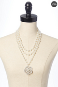 Cato Fashions Rhinestone Flower Pendant Layered Pearl Necklace