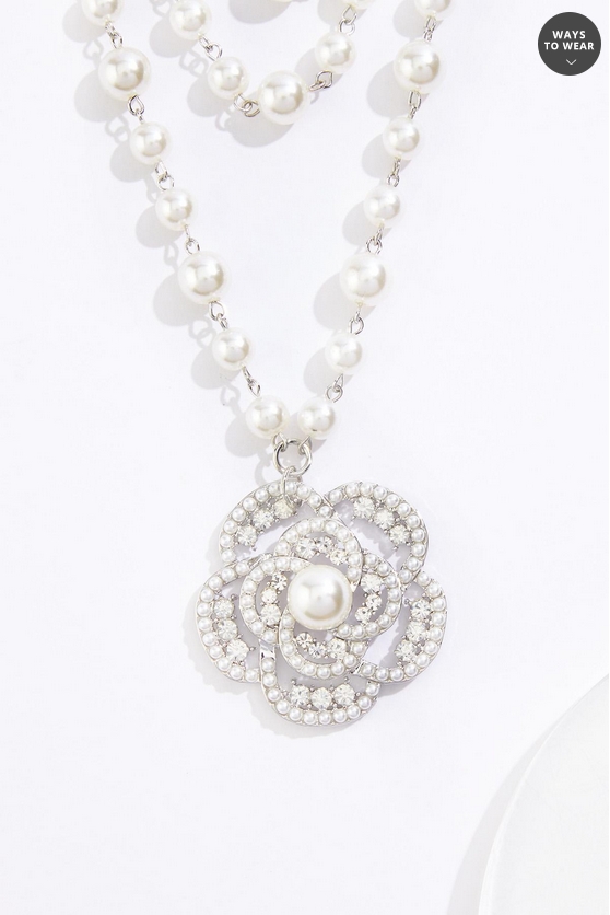 Cato Fashions Rhinestone Flower Pendant Layered Pearl Necklace