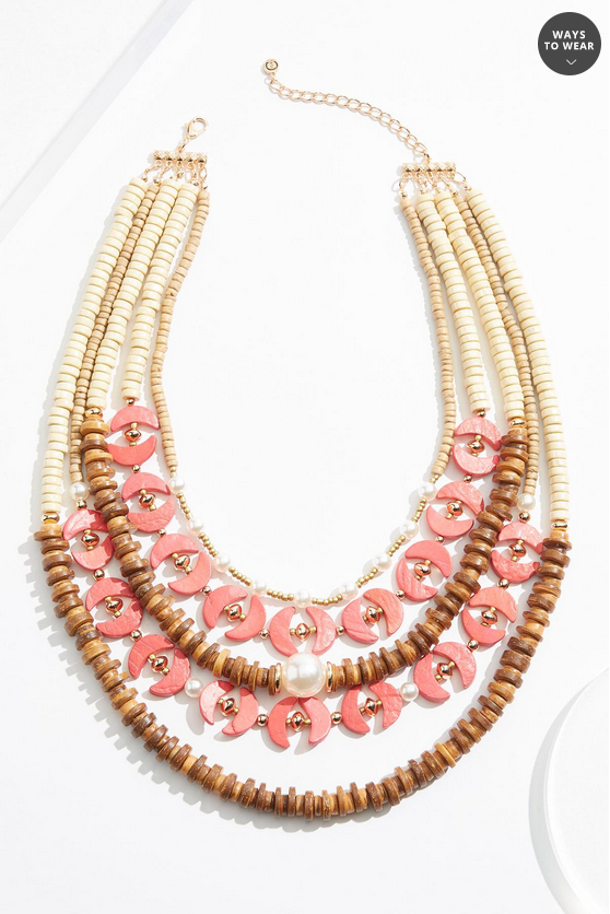 Cato Fashions Layered Wood Crescent Beaded Necklace