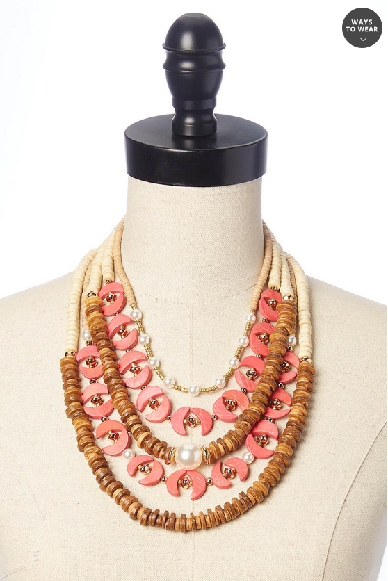 Cato Fashions Layered Wood Crescent Beaded Necklace