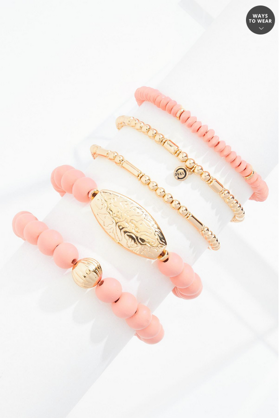 Cato Fashions Gold Pink Wood Beaded Bracelet Set