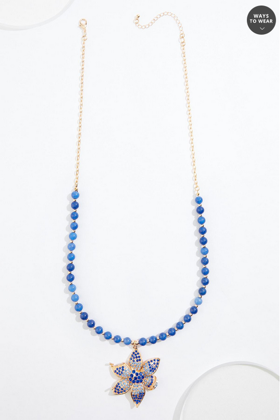 Cato Fashions Blue Glass Embellished Flower Necklace